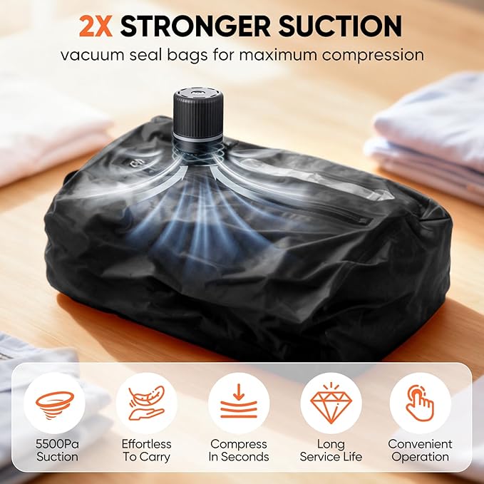 Vacuum Travel Bags With 5500Pa Wired Pump, Vacuum Luggage Bags for Clothes, Compression Bags for Travel, IP68 Waterproof Space Saver Packing Cubes for Suitcase, Backpack & Home Storage (2 Pack + Pump)