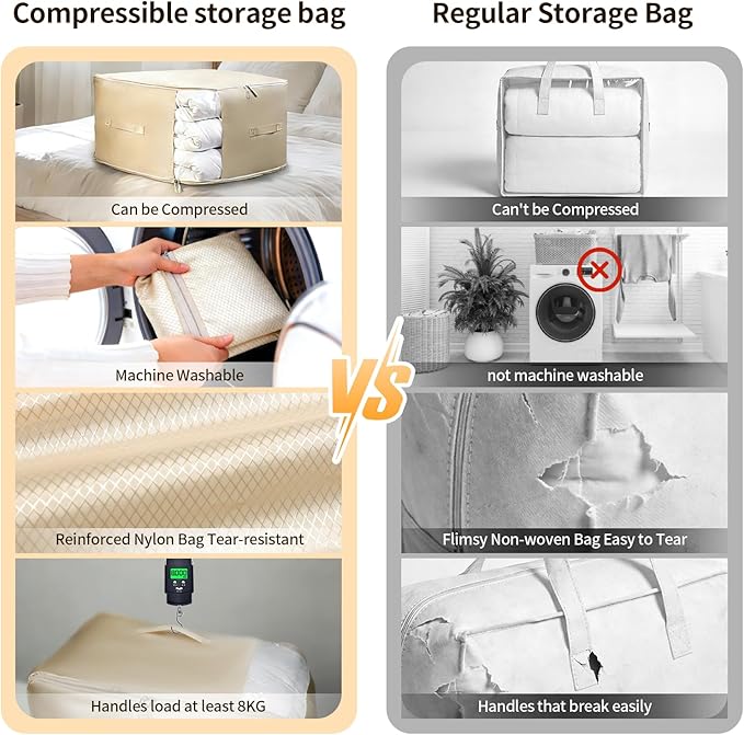 2 Pack Upgrade Comforter Storage Bag with Handle, Space Saving 3-Layer Adjustable In 3 Sizes (142L, 107L, 71L), Compression Blanket Storage Bags, Washable Bedding Organizer For Pillow Duvet Clothing