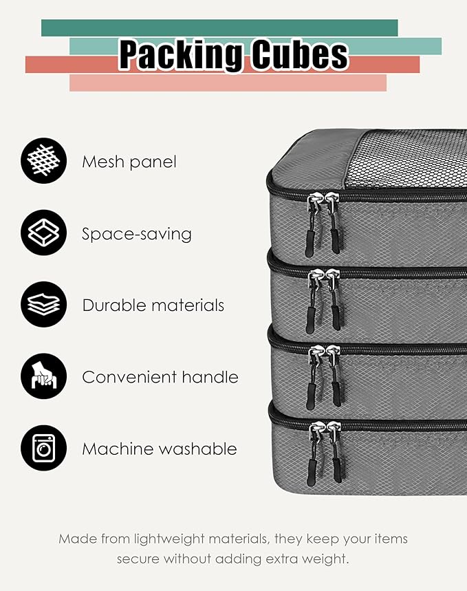 WTREE 4-Piece Packing Cubes Travel Accessories Set for Suitcases - Luggage Organizer Bags with Double Zipper - Mesh Top - Medium - Dark Grey