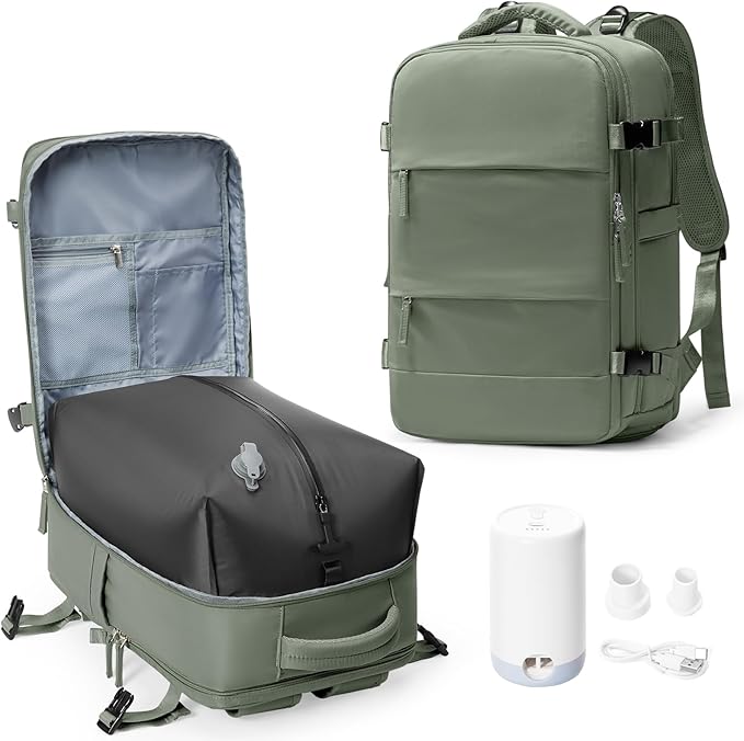 Vacuum Backpack Travel with Electric Vacpack Pump, Vacuum Compression Bags Travel Backpack for Women Men, Flight Approved Waterproof Carry on Backpacks Laptop Work Weekender Daypack, Large, Green