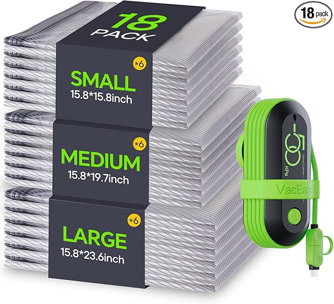 Vacbird Vacuum Bags for Travel with USB Pump, 18 Pack Compression Travel Vacuum Bags for Luggage and Suitcase, Carry-on Size Space Saver Bags for Clothes and Clothing