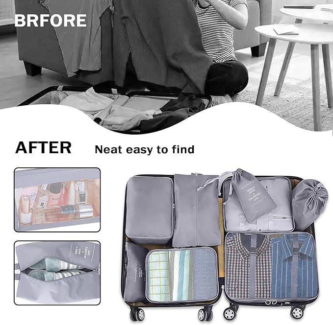 8 Set Packing Cubes for Suitcases, INVODA Travel Luggage Packing Organizers with Laundry Bag, Compression Storage Shoe Bag, Clothing Underwear Bag (Grey)