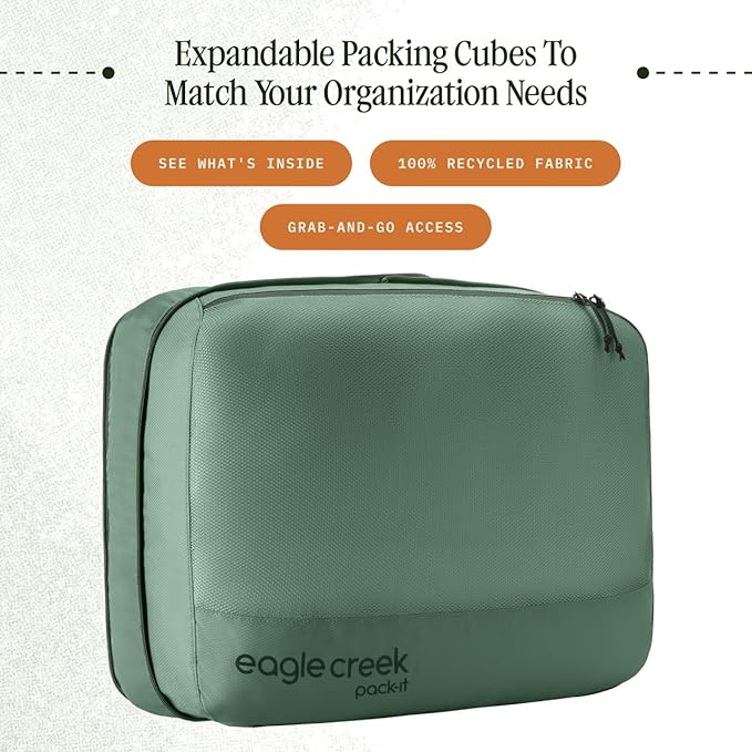 Eagle Creek Pack-It Reveal Expansion Cube - Adjustable Storage Expansion Cube for Travel - Durable Compression Zipper - Water-Resistant - Sustainable - Large - Willow Green