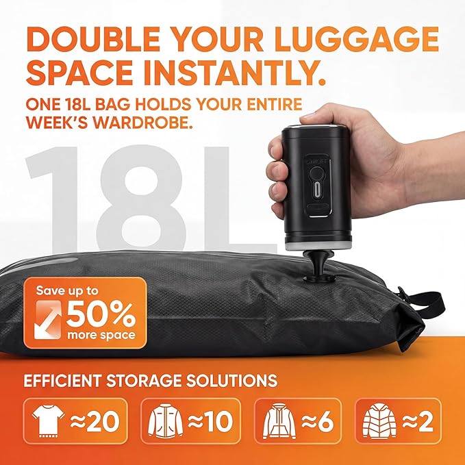 Vacuum Travel Bags with Hand Pump, 2-Pack (Large 21.7"×15.7"×7.9") – Reusable IP68 Waterproof Compression Bags for Clothes, Space-Saving Storage for Luggage, Backpack & Suitcase