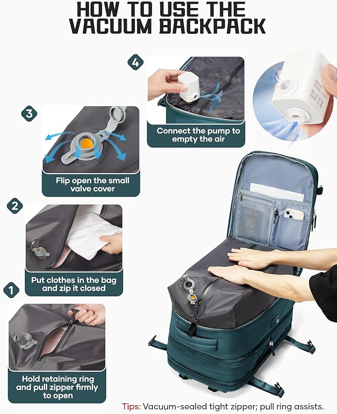 wepadre Vacuum Travel Backpack with Pump Travel Backpack with Vacuum System Expandable Vacpack Compression Backpacks for Travel Easy Vac Pack Carry on Luggage