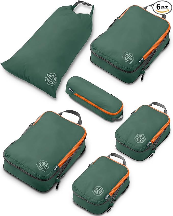 Compression Packing Cubes for Travel, 6-Piece Lightweight Packing Cubes Set for Carry-On Luggage & Backpacks – TRIPPED Travel Gear (Green and Orange)