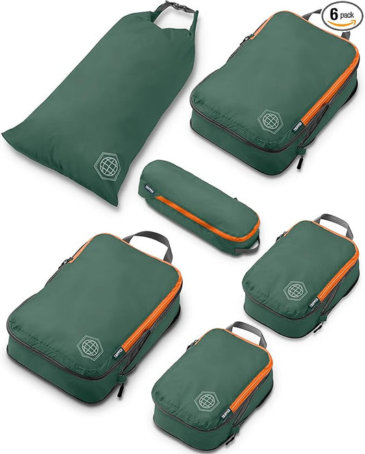 Compression Packing Cubes for Travel, 6-Piece Lightweight Packing Cubes Set for Carry-On Luggage & Backpacks – TRIPPED Travel Gear (Green and Orange)