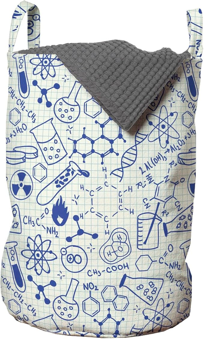 Ambesonne Cartoon Laundry Bag Pack of 2, Science Chemistry Geometry Math Nerd Geek and Genius Themed Design Art, Hamper Basket with Handles Drawstring Closure, 13" x 19", Blue and Ivory