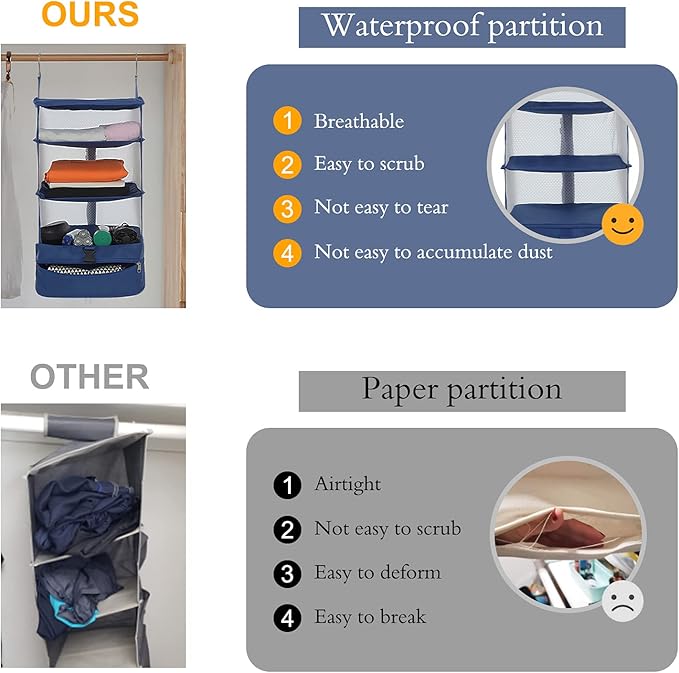 Surblue Hanging Closet Storage Bag Collapsible 3-Shelf Washable Oxford Fabric with 2 Hooks (XL 17.71 * 11.81 * 20in, Blue)