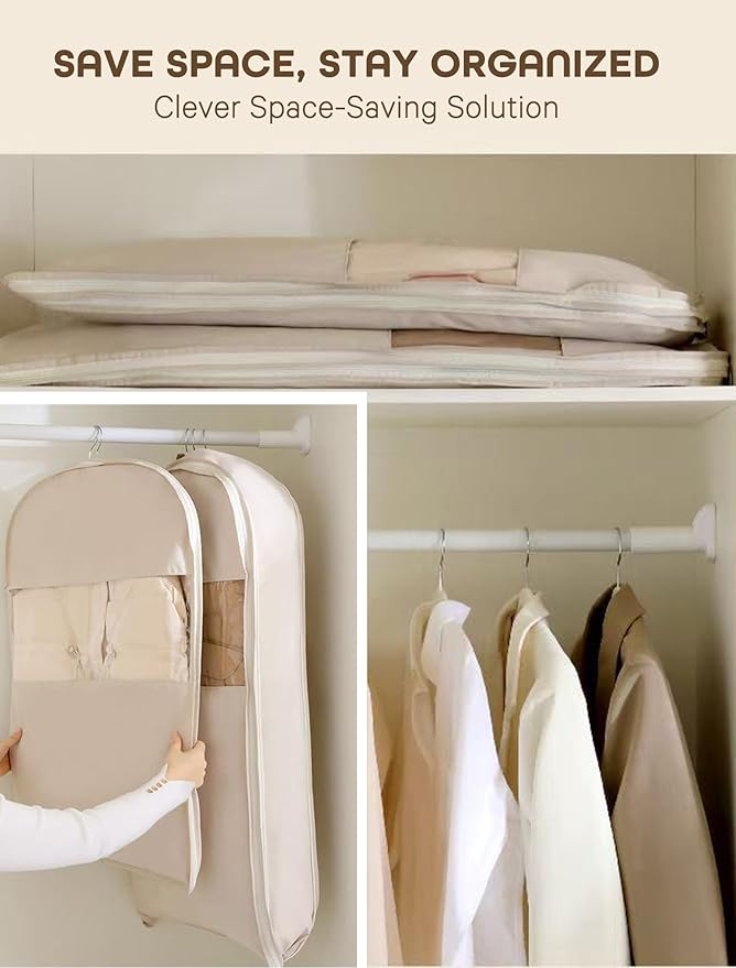 Space Saving Hanging Garment Bag with Self Compression Zipper with Large Clear Window Oat Beige Closet Organizer Otherwise Space-saving Compression Garment Bag (L)