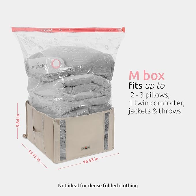 Compactor Vacuum Storage Bag with Semi-Rigid Structured Cube, Closet Organizer, Vacuum Seal Bags for Clothing and Bedding, Fits All Vacuum and Nozzle Types, 125L, Beige