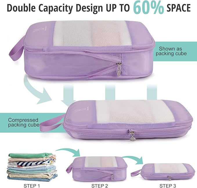 6/8 Sets Compression Packing Cubes for Travel, Bunnychill Portable Zipper Packing Cube for Cloting, Expandable Space Saver Storage Luggage Organizer Bags for Suitcases