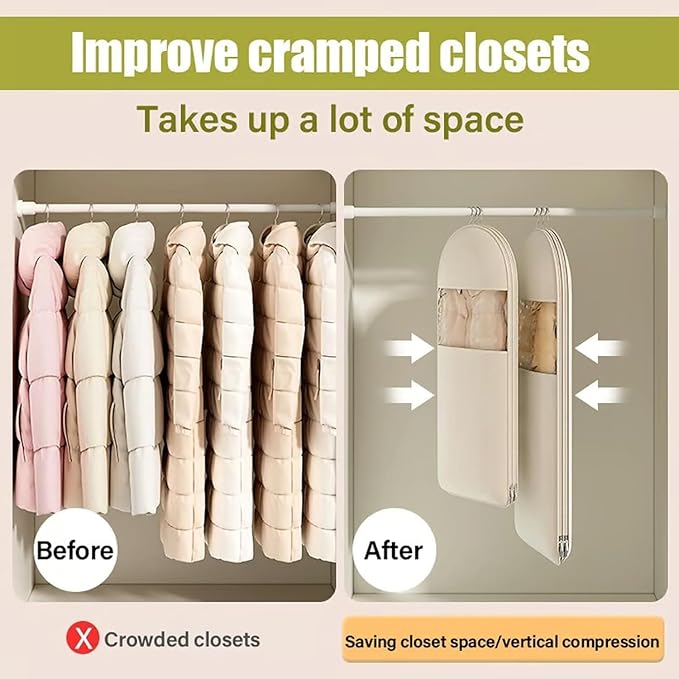 Space Saving Hanging Garment Bag with Self Compression Zipper with Large Clear Window Oat Beige Closet Organizer Otherwise Space-saving Compression Garment Bag (M+L-2pcs)
