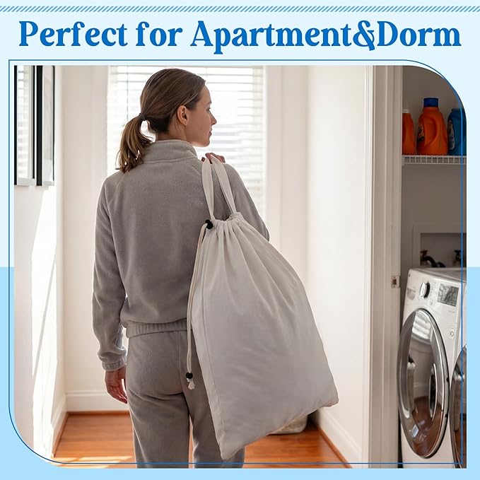 Zhehao 6 Packs Canvas Laundry Bags 20" x 28" Thick Heavy Duty Cotton Laundry Bag with Handles & Drawstring Fit a Basket or Hamper Perfect for College Dorm Apartment Dwellers and Travel (White)