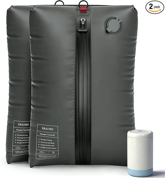 Travel Vacuum Bags with Pump, Compression Bags, Waterproof & Reusable Nylon Vacuum Travel Kit, Portable Space Saver Storage Bags with Wireless Vacuum Pump for Carry-On Backpack & Suitcase, 2-Pack