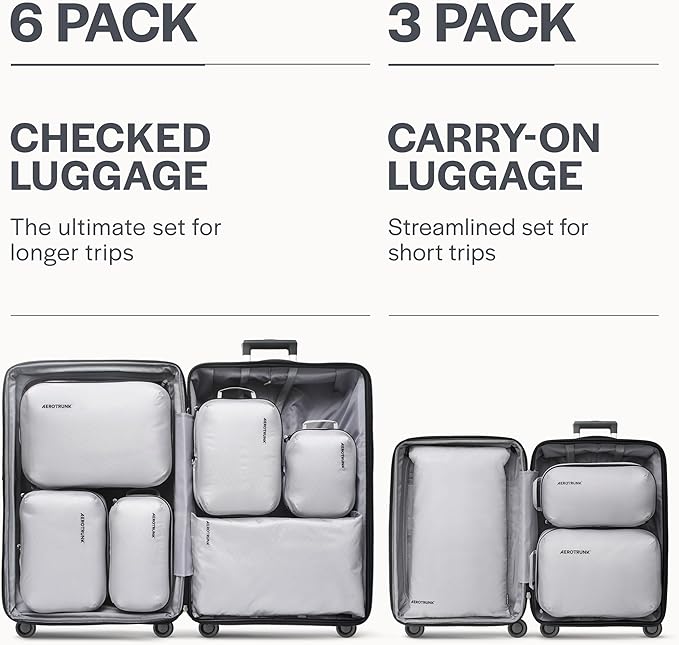 Aerotrunk Ultralight Compression Packing Cubes - Lightweight Travel Organizers for Suitcases and Luggage (6-Pack, Light Grey)
