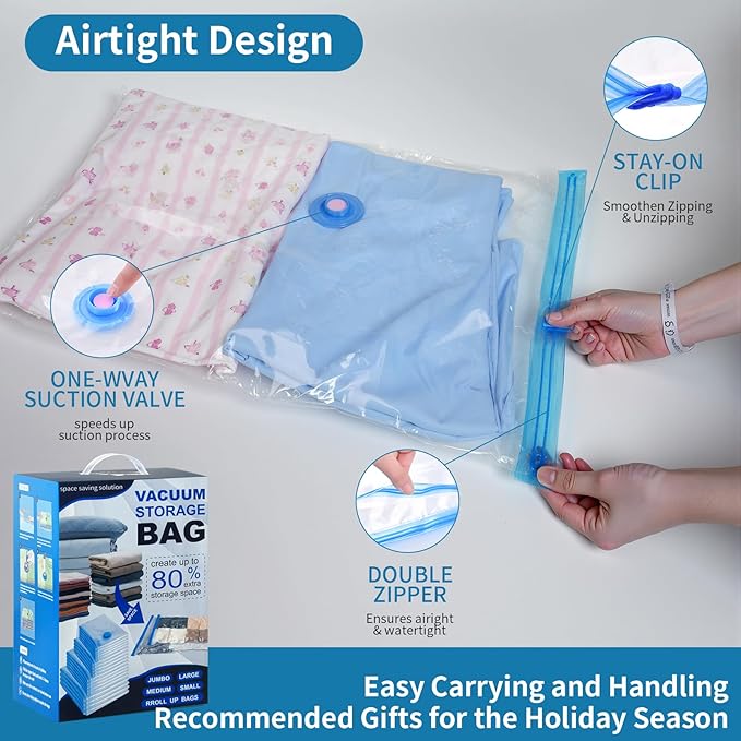 Vacuum Seal Bags for Clothing Travel, Large Space Saver Storage Bags (15 Pack) - Thickened Waterproof Compression Packing Cubes for Luggage, Mattress & Blanket Storage, Hand Pump Included