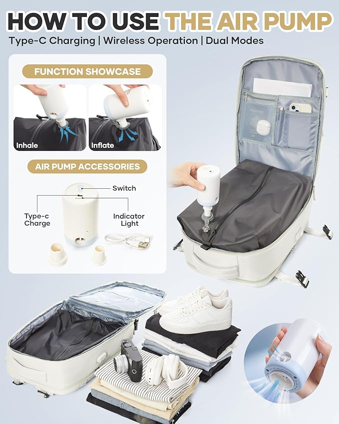 WONHOX Vacuum Seal Travel Backpack with Air Pump,Compression Vacpack Waterproof Carry On Backpack for Travel Women Men with Vacuum System,Airlines Approved Daypack Laptop Space Saver Bags,MoonWhite