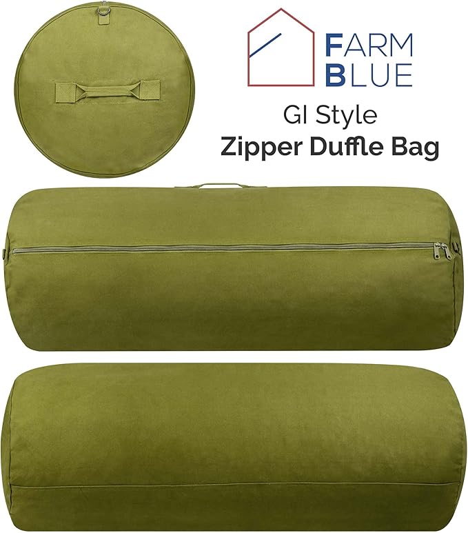 Farm Blue Brand Army GI Style Zipper Duffel Bags- Enormous 30"x50" XX Large - 3 Grab Handles and new External and Internal pockets- 18oz Canvas Duffle Bag Men and Women - XXL OD Green