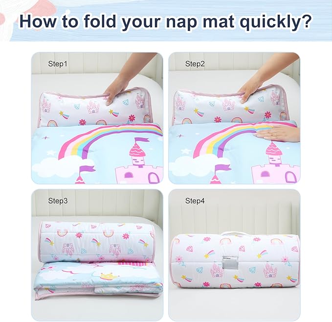 PHF Castle Toddler Nap Mat Set, with Removable Pillow for Toddler Girls, Soft and Lightweight for Daycare, Preschool, Travel, Kindergarten Sleeping Bag, Fits Ages 3-6 Years, Castle