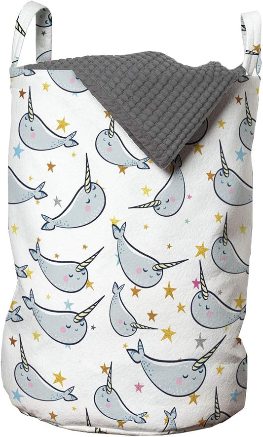 Ambesonne Narwhal Laundry Bag, Unicorn of The Oceans Pattern in Cartoon Style Composition Colorful Design, Hamper Basket with Handles Drawstring Closure for Laundromats, 13" x 19", Grey Gold