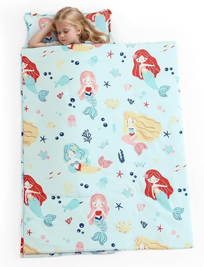 PHF Cute Mermaid Toddler Nap Mat Set, with Removable Pillow for Toddler Girls, Soft and Lightweight for Daycare, Preschool, Travel, Kindergarten Sleeping Bag, Fits Ages 3-6 Years, Cute Mermaid