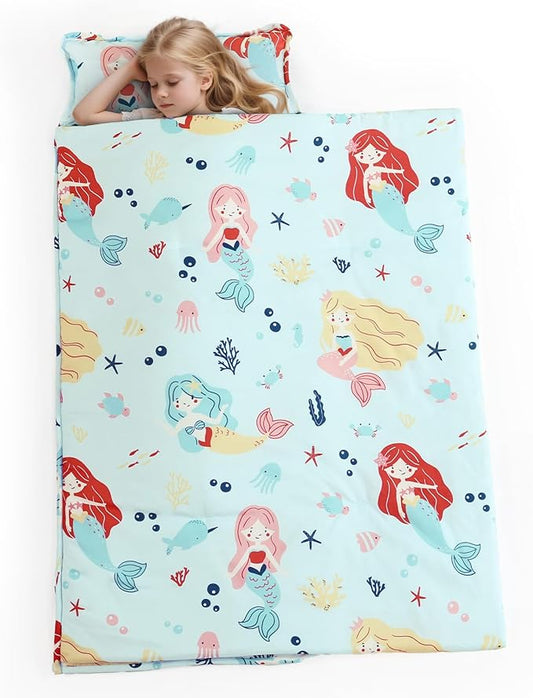 PHF Cute Mermaid Toddler Nap Mat Set, with Removable Pillow for Toddler Girls, Soft and Lightweight for Daycare, Preschool, Travel, Kindergarten Sleeping Bag, Fits Ages 3-6 Years, Cute Mermaid