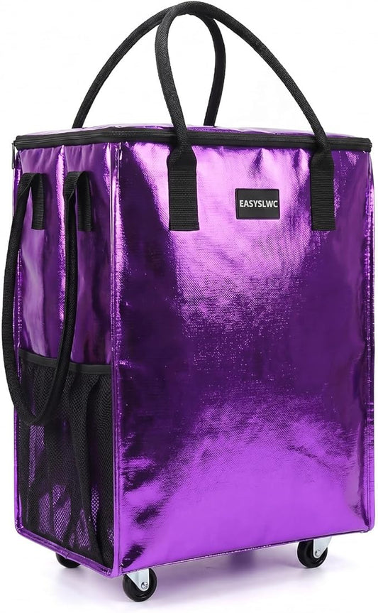 Reusable Hauler Rolling Tote Bag, Collapsible Portable Shopping Bag with Wheels for Groceries, Apartments Laundry, Organization , Heavy Duty Utility Tote Bag, Travel and Moving, 75lbs, Glossy Purple