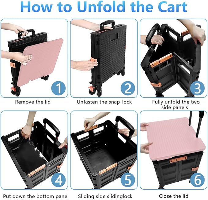 FELICON SELORSS Foldable Utility Cart Folding Portable Rolling Crate Handcart with Heavy Duty Telescoping Handle Collapsible 4 Rotate Wheels for Travel Shopping Move Luggage Office Use(Black+Pink)