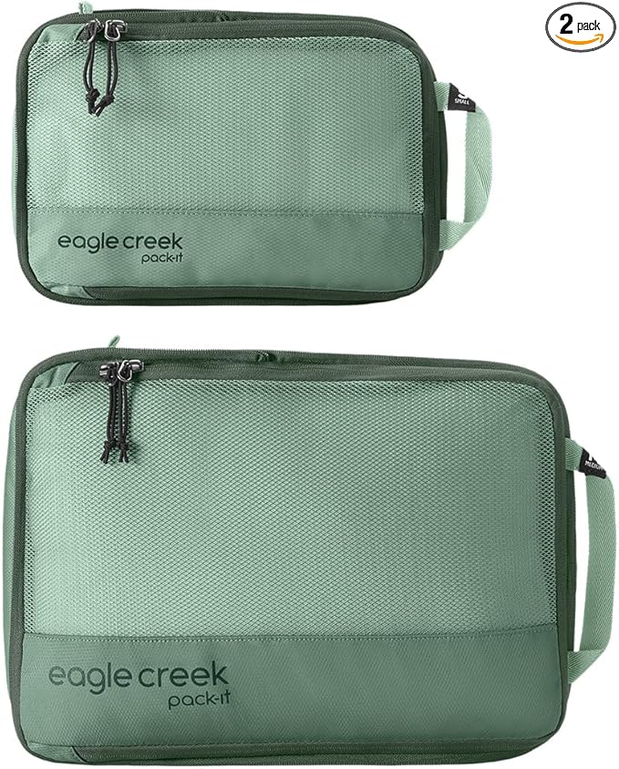 Eagle Creek Pack-It Reveal Compression Cube Set - Compact Packing Cube Set for Travel - Durable Suitcase Organizers - Sustainable Materials - Easy-Grab Zipper Pulls - Small/Medium - Willow Green