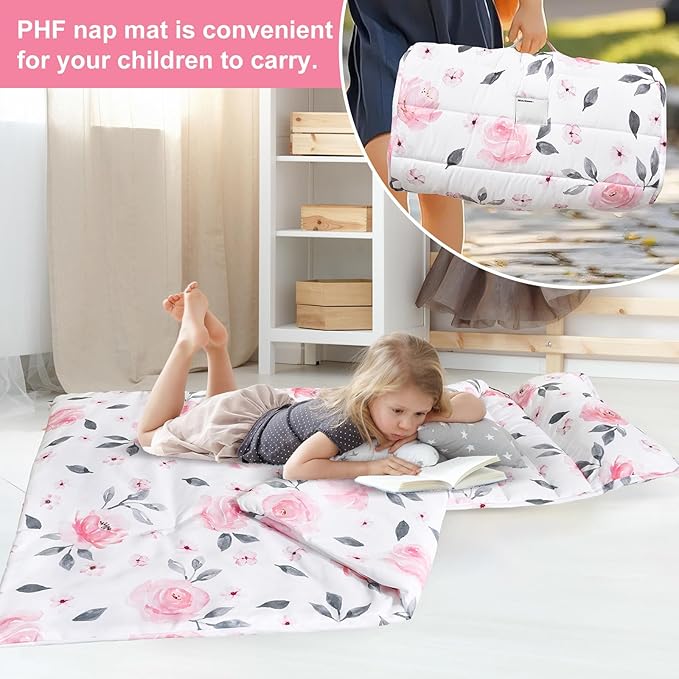 PHF Floral Toddler Nap Mat Set, with Removable Pillow for Toddler Girls, Soft and Lightweight for Daycare, Preschool, Travel, Kindergarten Sleeping Bag, Fits Ages 3-6 Years, Pink Floral