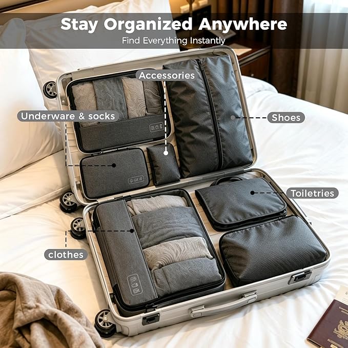 8-Piece Compression Packing Cubes for Travel, Ultralight Luggage Organizer Set with Double Zipper, Space Saving for Suitcase & Carry-On, Ideal for Business Trip Weekend Getaway - Gray
