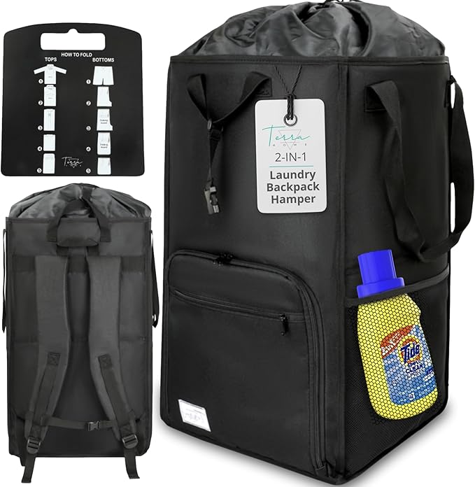 Terra Home College Essentials Travel Size Laundry Backpack - Portable, Durable, Foldable - Laundry Bag with Pockets for College Dorms - Extra Large Laundry Carrying Bag with Strap (Black)
