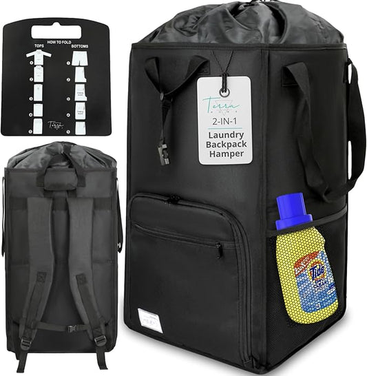 Terra Home College Essentials Travel Size Laundry Backpack - Portable, Durable, Foldable - Laundry Bag with Pockets for College Dorms - Extra Large Laundry Carrying Bag with Strap (Black)