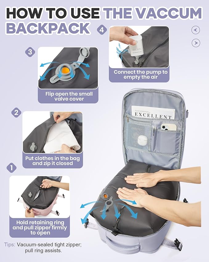 WONHOX Vacuum Seal Travel Backpack with Air Pump,Compression Vacpack Waterproof Carry On Backpack for Travel Women Men with Vacuum System,Airlines Approved Daypack Laptop Space Saver Bags,Lilac