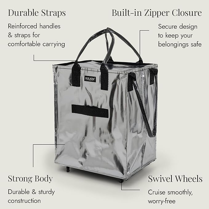 (Large, Silver) Reusable Grocery Bag On Wheels, Shopping Trolley, Rolling Tote, Zipper Closure, Lightweight, Carries Up to 66 lb, Folds Flat, Unbreakable Handles