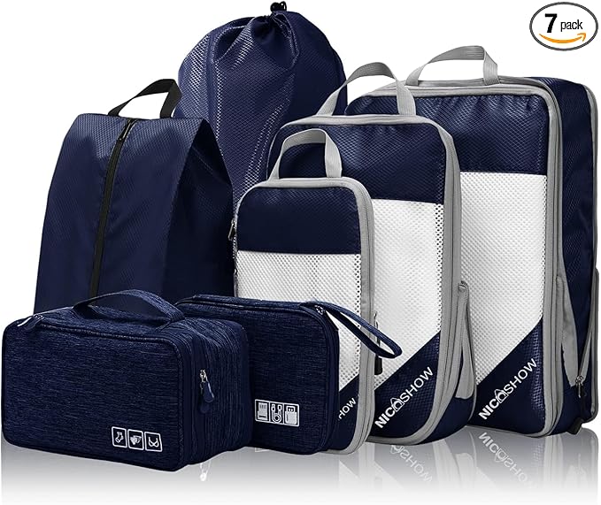 NICOSHOW 7 Set Compression Packing Cubes for Travel - Compressible, Lightweight, and Space-Saving Packing Cubes, Travel Essentials for Women, Navy