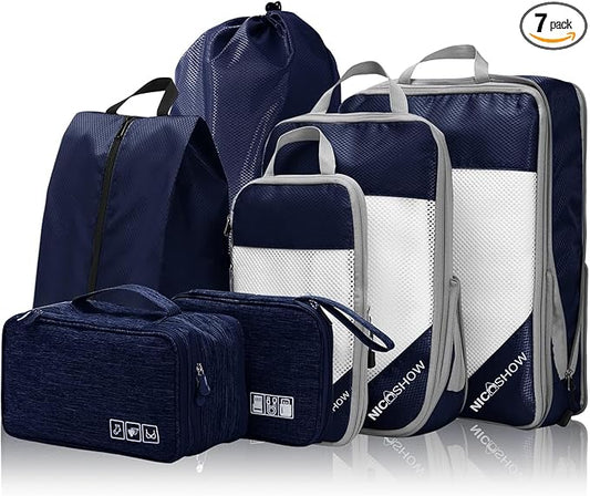 NICOSHOW 7 Set Compression Packing Cubes for Travel - Compressible, Lightweight, and Space-Saving Packing Cubes, Travel Essentials for Women, Navy