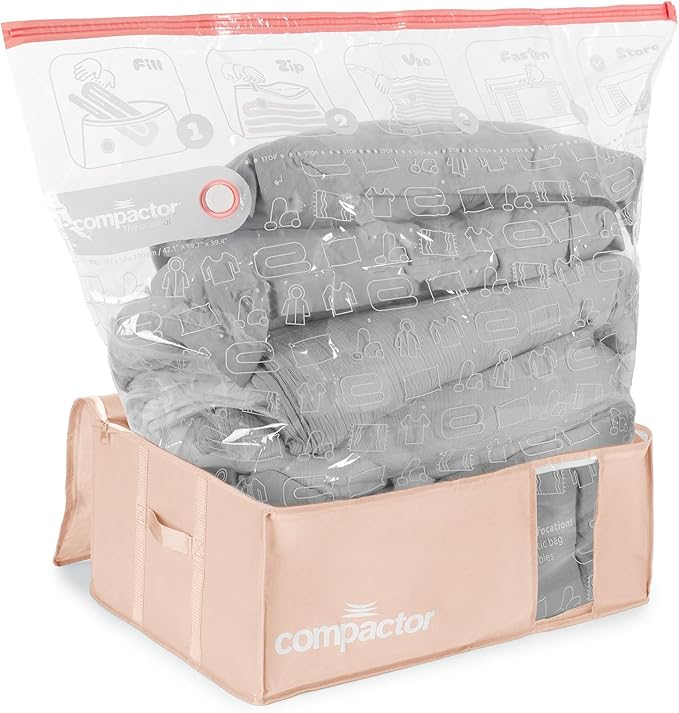 Compactor Vacuum Storage Bag with Semi-Rigid Box, Closet Organizer, Vacuum Seal Bags for Clothing and Bedding, Fits All Vacuum and Nozzle Types, 210L, Pink, XXL