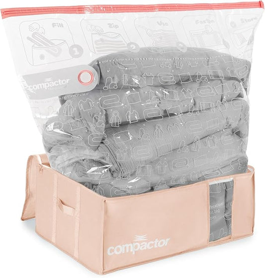 Compactor Vacuum Storage Bag with Semi-Rigid Box, Closet Organizer, Vacuum Seal Bags for Clothing and Bedding, Fits All Vacuum and Nozzle Types, 210L, Pink, XXL