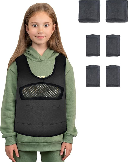 Compression Vest for Kids (Medium, Ages 5 to 9) Weighted Vest for Kids Including 6 Removable Weights Black