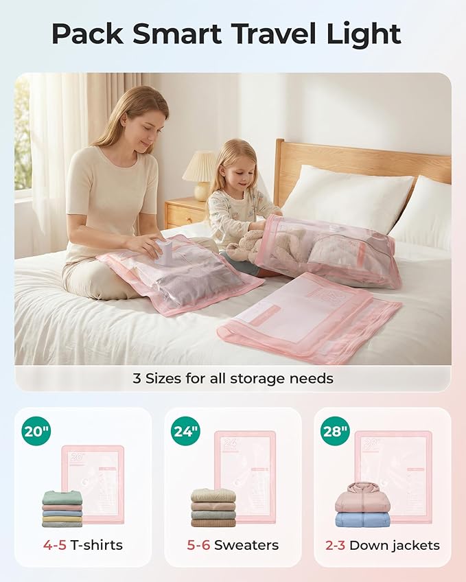 BAGSMART Vacuum Seal Storage Bags for Clothing Travel, 21 Pack Travel Essentials Bundle includes Laundry Bag & Waterproof Shoe Bag & TSA Approved Toiletry Bag, Hand Pump Included