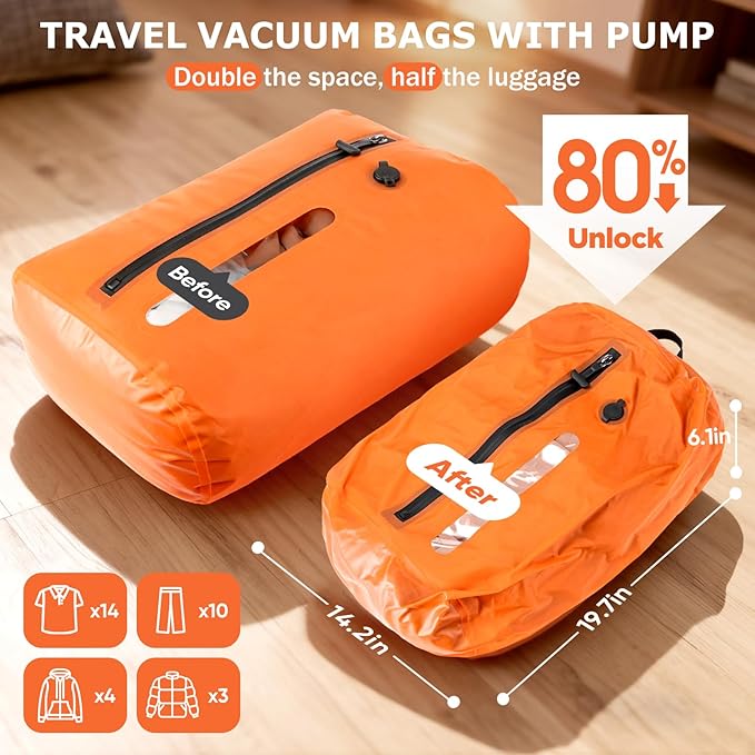 Vacuum Travel Bags With 5500Pa Wired Pump, Vacuum Luggage Bags for Clothes, Compression Bags for Travel, IP68 Waterproof Space Saver Packing Cubes for Suitcase, Backpack & Home Storage (2 Pack + Pump)