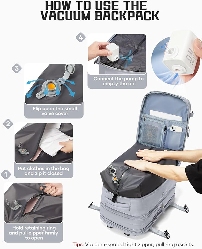 wepadre Vacuum Backpack Travel with Pump Travel Backpack with Vacuum System Expandable Vacpack Compression Backpacks for Travel Easy Vac Pack Carry on Luggage Grey