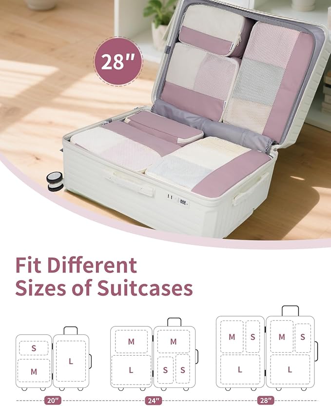 Narwey 7 Set Packing Cubes for Travel Carry on Suitcase Luggage Organizer Bags for Kids Women Men, Durable Packing Organizers Bag, Travel Essentials Accessories (Dusty Pink)