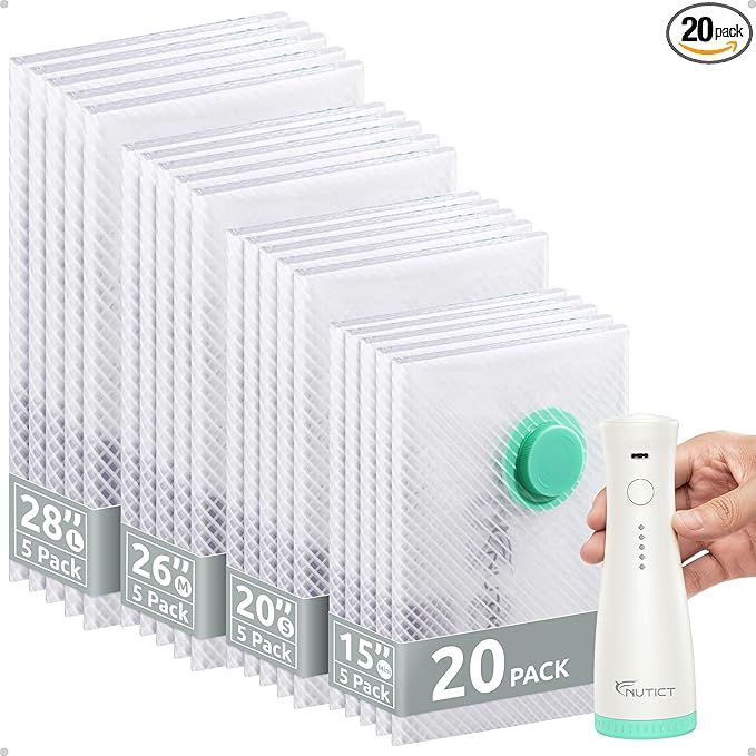 NUTICT 20-Pack Travel Vacuum Storage Bags, Rechargeable Electric Pump, Space Saver Compression Packing Bags for Luggage & Suitcase, Long-Term Reusable Seal Bag for Clothes, Bedding, Seasonal Storage