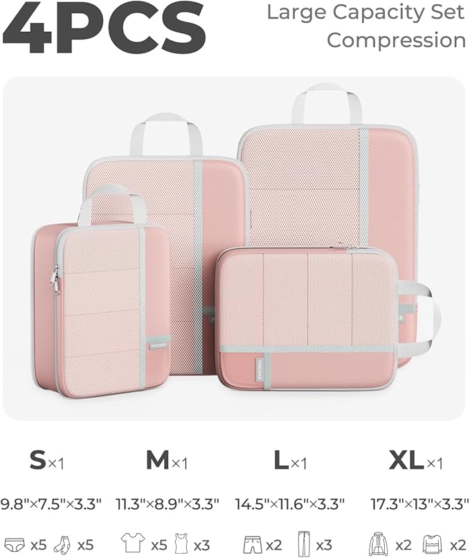 Percover Compression Packing Cubes for Travel, 4-Piece Structured Compression Organizer Set with Label Pockets for Carry-On & Checked Luggage, Pink