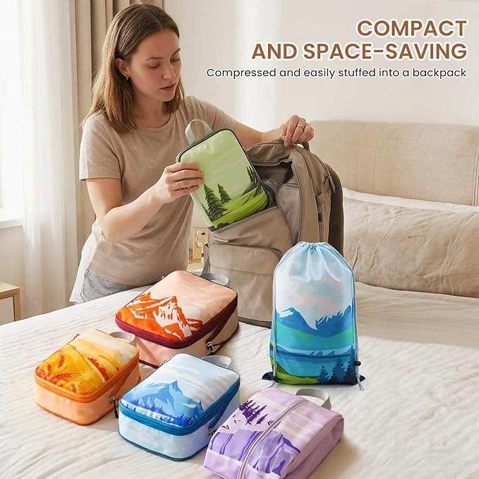 7-Piece Compression Packing Cubes for Travel, Patterned Expandable Luggage Organizer Bags with Double Zipper & Mesh Panel, Shoe Bag & Drawstring Bag for Carry-On, Vacation, Camping