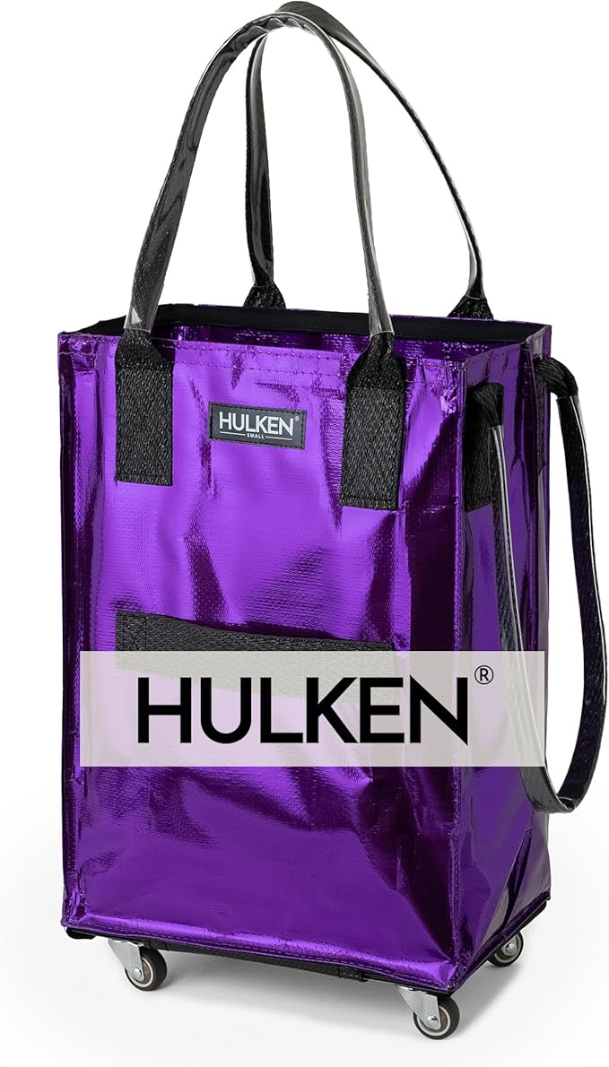 HULKEN (Small, Ultraviolet) Reusable Grocery Bag On Wheels, Shopping Trolley, Rolling Tote, Zipper Closure, Lightweight, Carries Up to 66 lb, Folds Flat