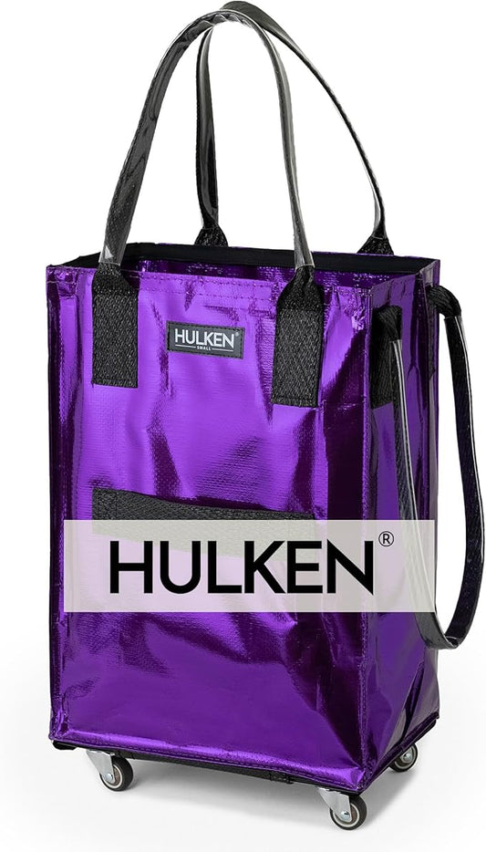 HULKEN (Small, Ultraviolet) Reusable Grocery Bag On Wheels, Shopping Trolley, Rolling Tote, Zipper Closure, Lightweight, Carries Up to 66 lb, Folds Flat